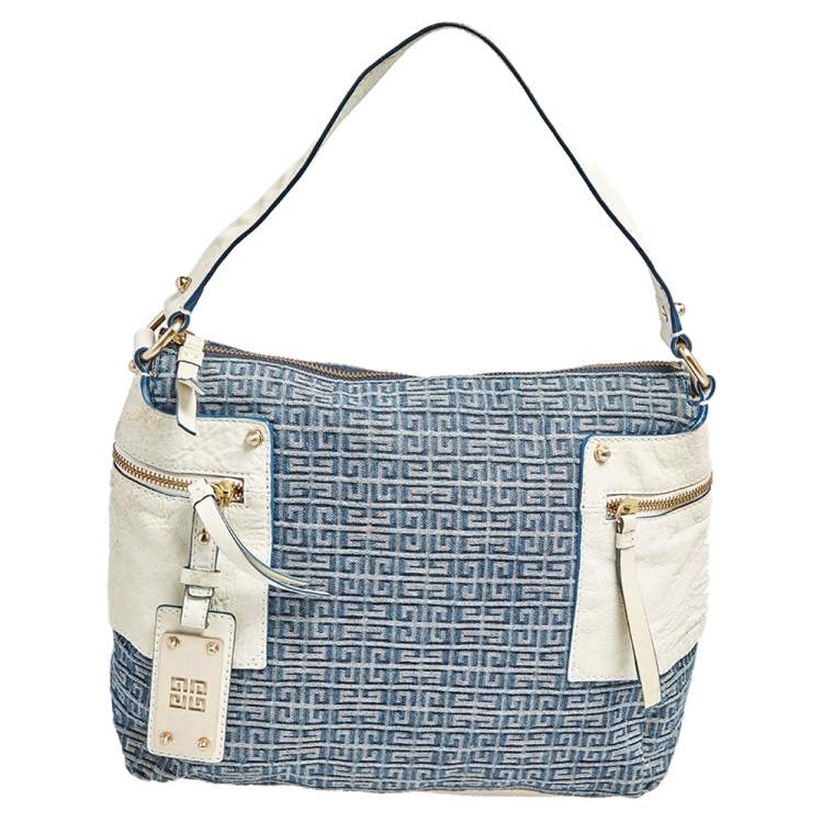 Pre Owned Givenchy Blue/White Monogram Denim and Leather Side Pocket Hobo