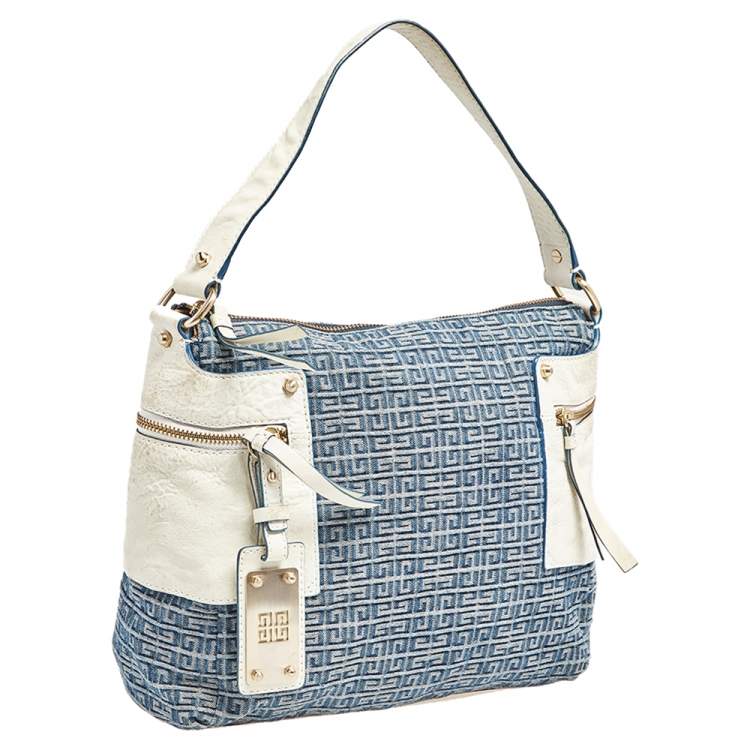 Pre Owned Givenchy Blue/White Monogram Denim and Leather Side Pocket Hobo