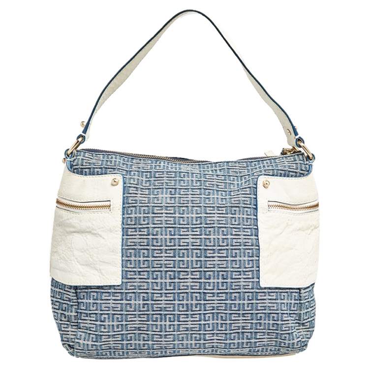 Pre Owned Givenchy Blue/White Monogram Denim and Leather Side Pocket Hobo