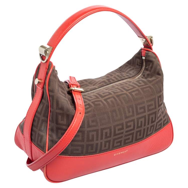 Pre Owned Givenchy Brown/Red Monogram Canvas and Leather Zip Hobo