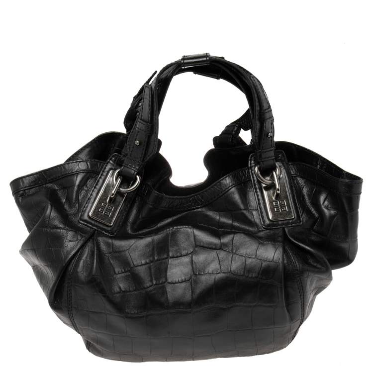 Pre Owned Givenchy Black Croc Embossed Leather Shoulder Bag
