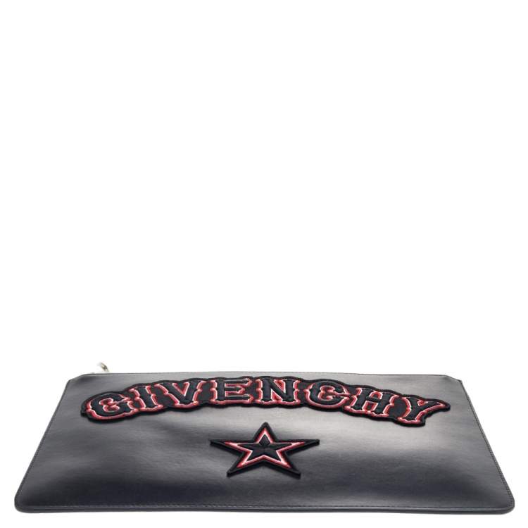 Pre Owned Givenchy Black Leather Leather Pandora Embroidery Logo Flat Zip Pouch