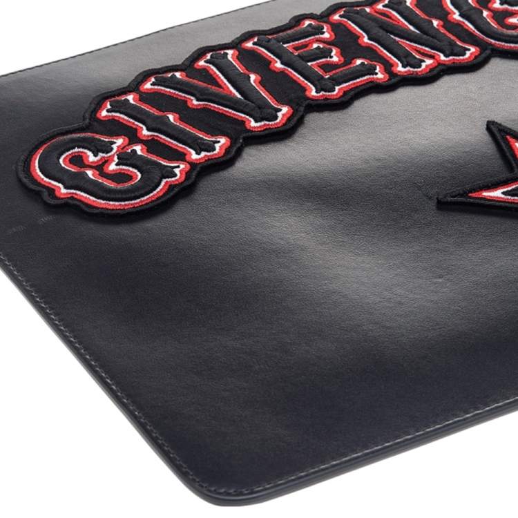 Pre Owned Givenchy Black Leather Leather Pandora Embroidery Logo Flat Zip Pouch