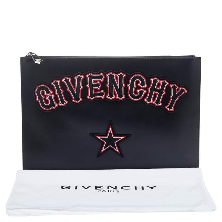 Pre Owned Givenchy Black Leather Leather Pandora Embroidery Logo Flat Zip Pouch