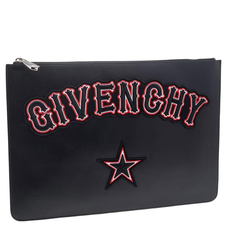 Pre Owned Givenchy Black Leather Leather Pandora Embroidery Logo Flat Zip Pouch