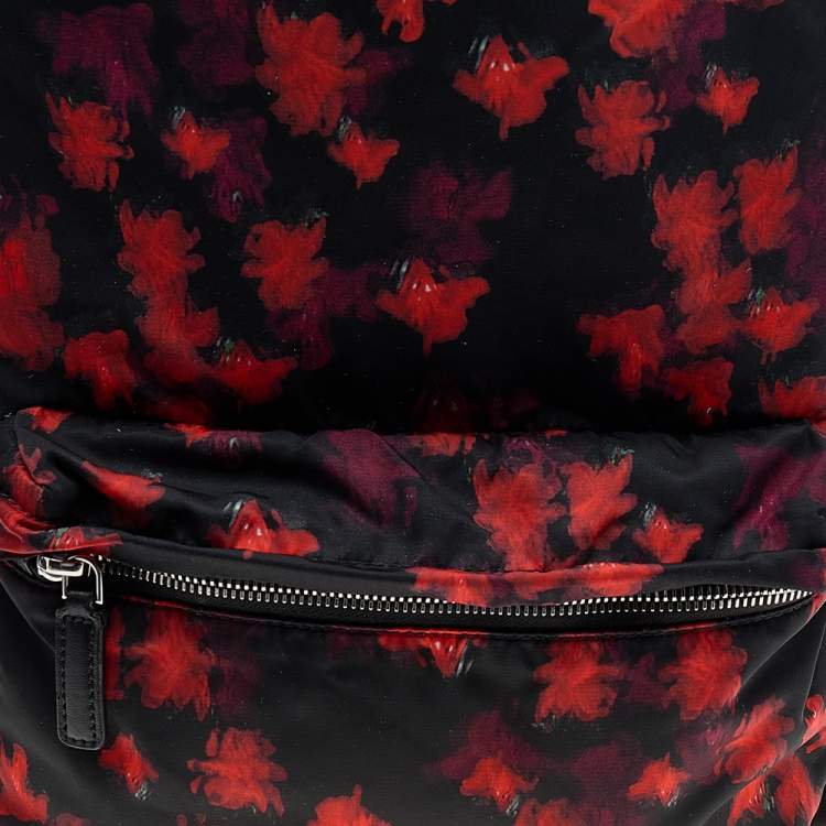 Pre Owned Givenchy Black/Red Floral Print Nylon And Leather Backpack