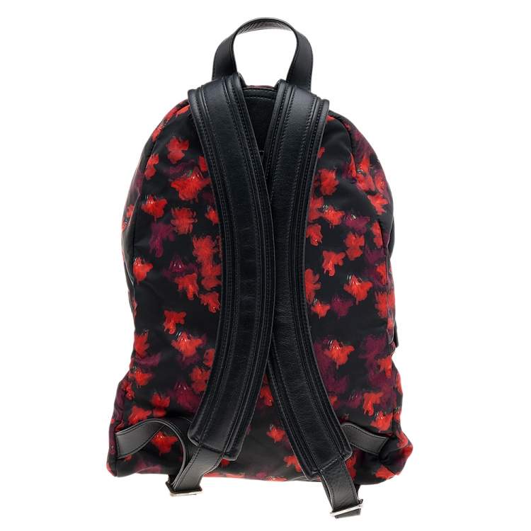 Pre Owned Givenchy Black/Red Floral Print Nylon And Leather Backpack
