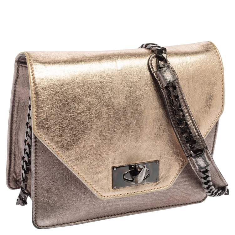 Pre Owned Givenchy Metallic Grey/Gold Leather Shark Tooth Chain Shoulder Bag 