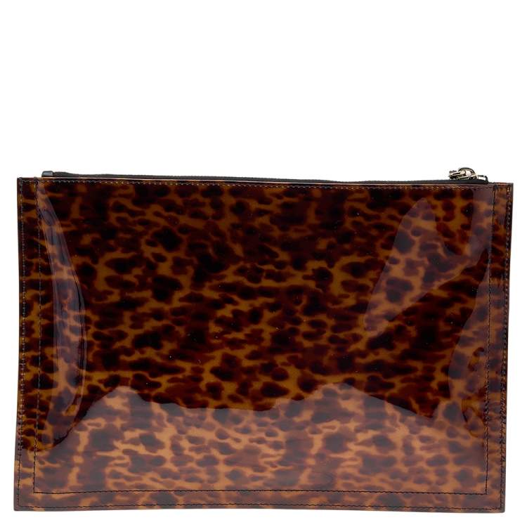 Pre Owned Givenchy Brown Leopard Print Patent Leather Zip Pouch Clutch
