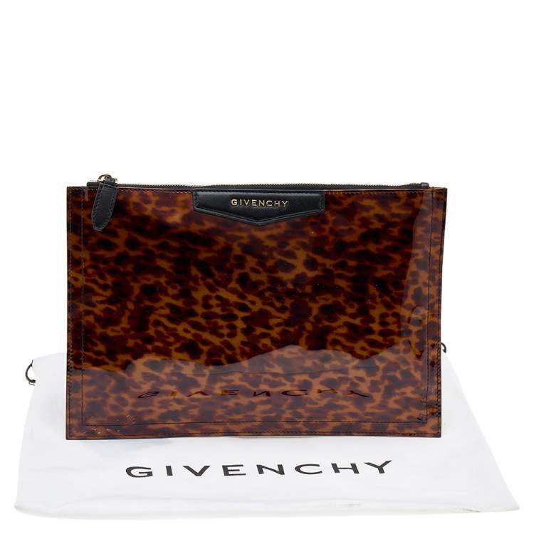 Pre Owned Givenchy Brown Leopard Print Patent Leather Zip Pouch Clutch