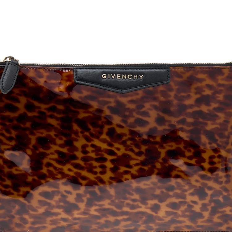Pre Owned Givenchy Brown Leopard Print Patent Leather Zip Pouch Clutch