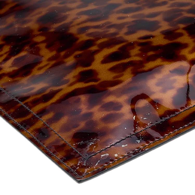 Pre Owned Givenchy Brown Leopard Print Patent Leather Zip Pouch Clutch