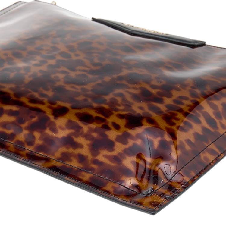 Pre Owned Givenchy Brown Leopard Print Patent Leather Zip Pouch Clutch