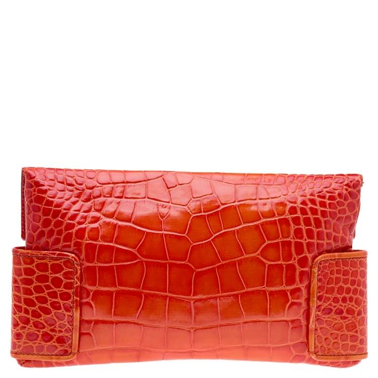 Pre Owned Givenchy Orange Croc Embossed Leather Clutch