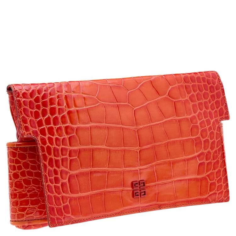 Pre Owned Givenchy Orange Croc Embossed Leather Clutch