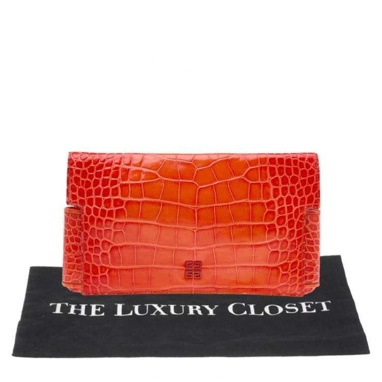 Pre Owned Givenchy Orange Croc Embossed Leather Clutch