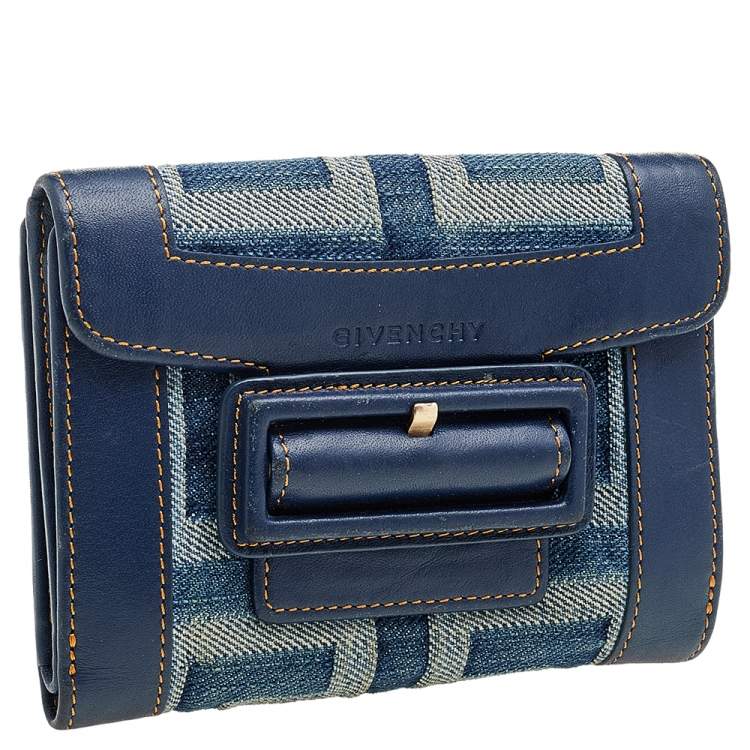 Pre Owned Givenchy Blue Monogram Denim And Leather Flap Compact Wallet
