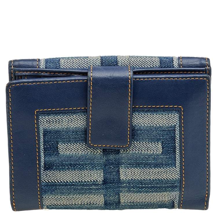 Pre Owned Givenchy Blue Monogram Denim And Leather Flap Compact Wallet