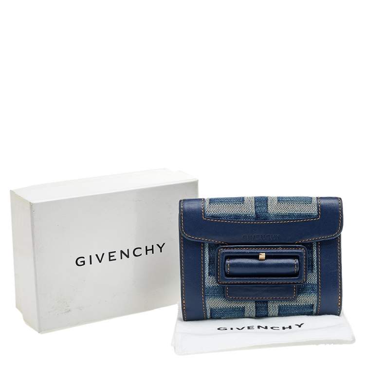 Pre Owned Givenchy Blue Monogram Denim And Leather Flap Compact Wallet