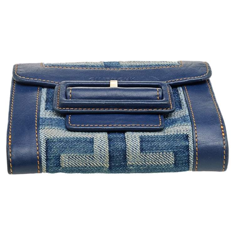 Pre Owned Givenchy Blue Monogram Denim And Leather Flap Compact Wallet