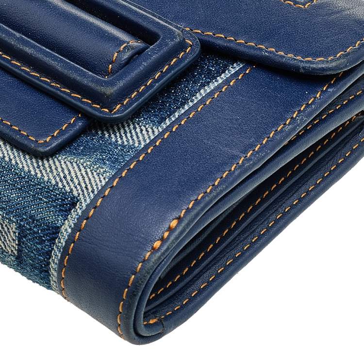 Pre Owned Givenchy Blue Monogram Denim And Leather Flap Compact Wallet