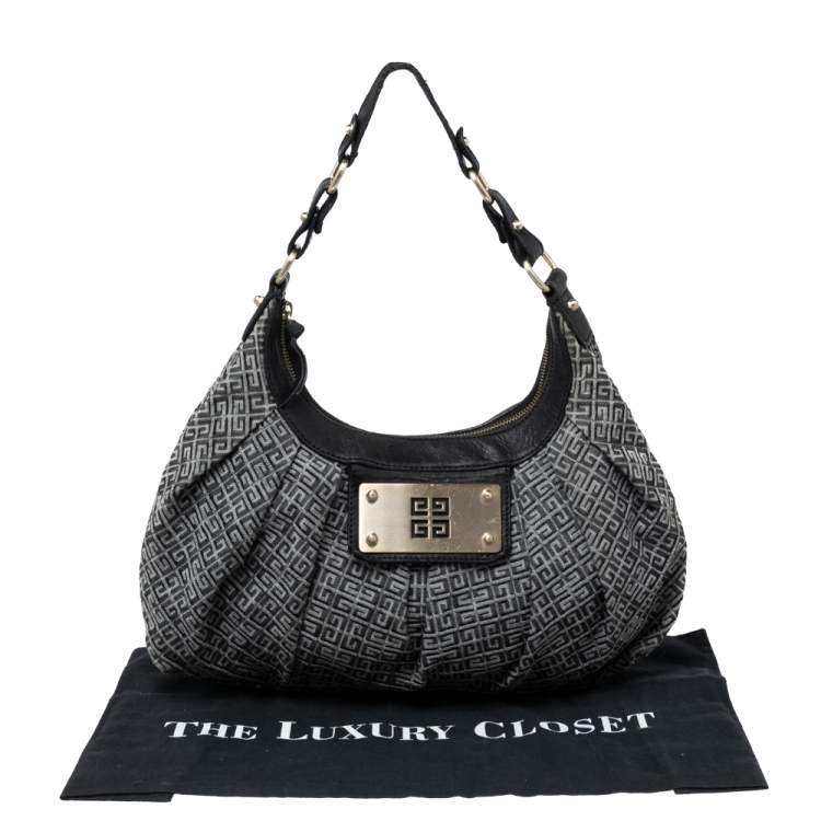 Pre Owned Givenchy Black Monogram Canvas and Leather Logo Plaque Hobo