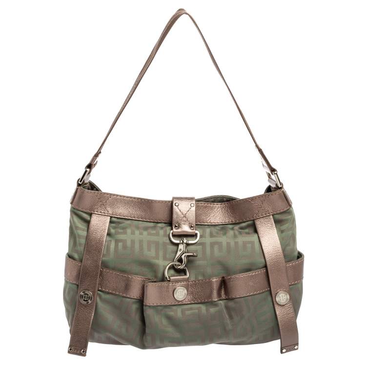Pre Owned Givenchy Green/Brown Monogram Fabric and Leather Clasp Flap Hobo