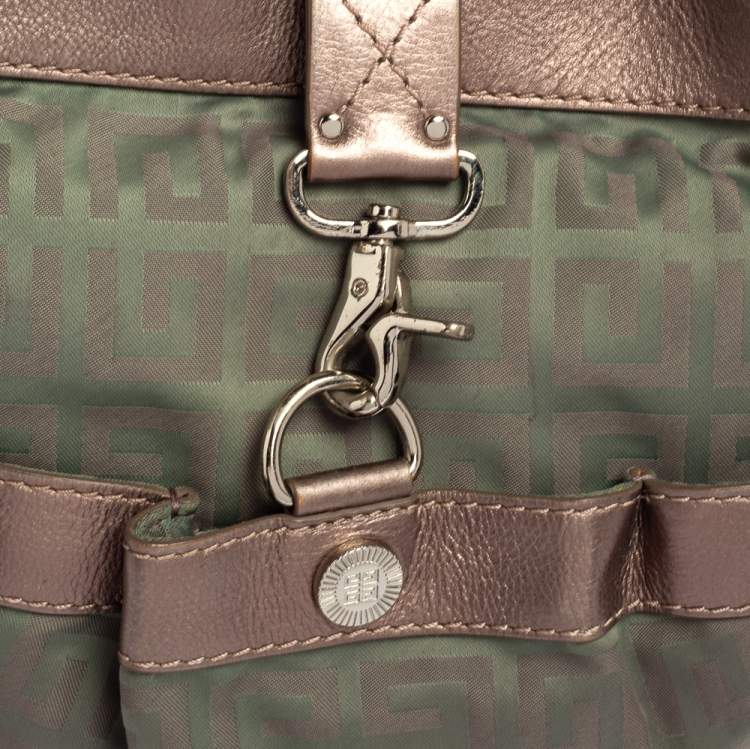 Pre Owned Givenchy Green/Brown Monogram Fabric and Leather Clasp Flap Hobo