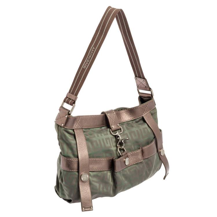 Pre Owned Givenchy Green/Brown Monogram Fabric and Leather Clasp Flap Hobo