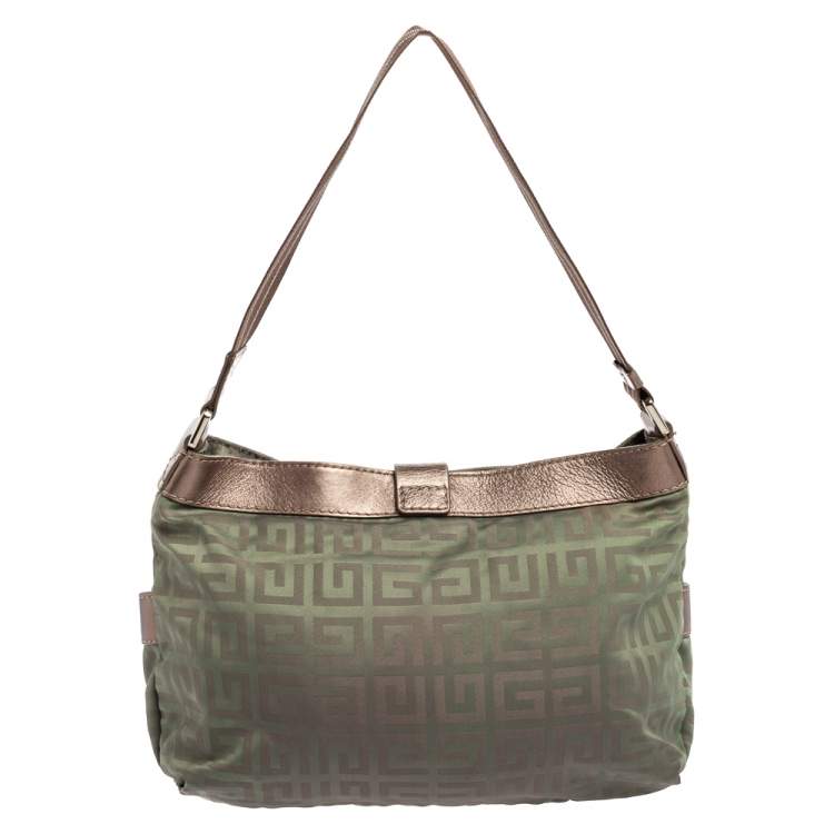 Pre Owned Givenchy Green/Brown Monogram Fabric and Leather Clasp Flap Hobo
