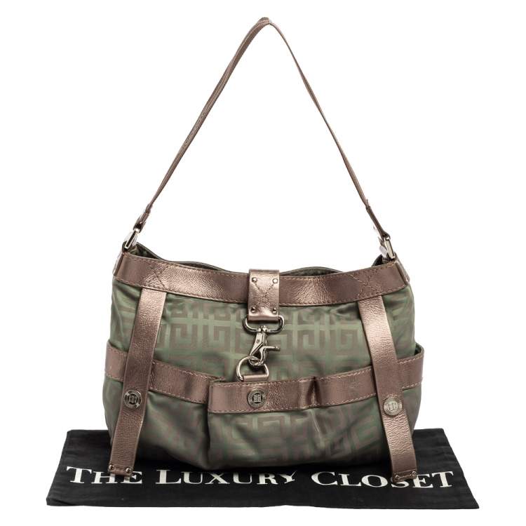Pre Owned Givenchy Green/Brown Monogram Fabric and Leather Clasp Flap Hobo