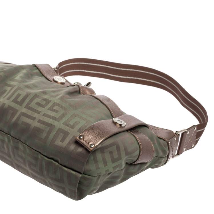 Pre Owned Givenchy Green/Brown Monogram Fabric and Leather Clasp Flap Hobo