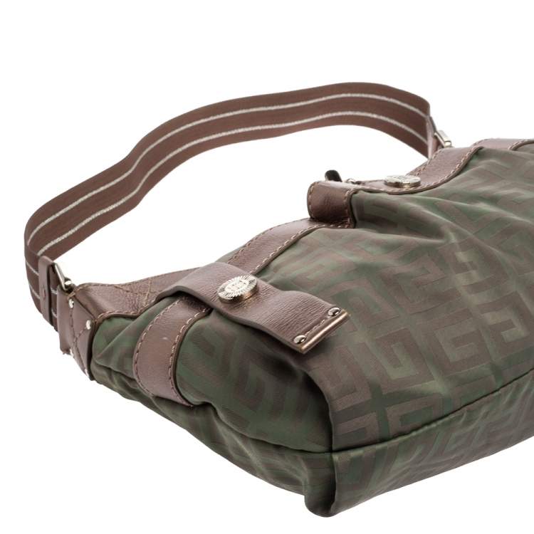 Pre Owned Givenchy Green/Brown Monogram Fabric and Leather Clasp Flap Hobo