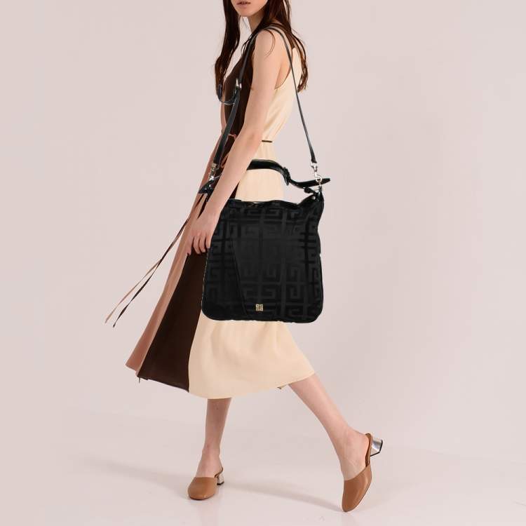 Pre Owned Givenchy Black Monogram Nylon and Patent Leather Metal Handle Hobo