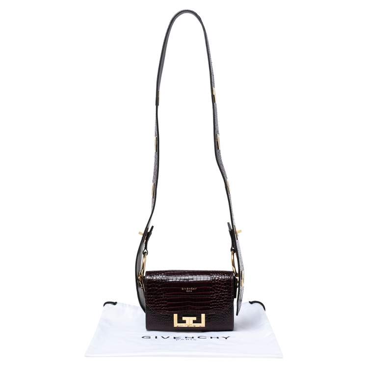 Pre Owned Givenchy Dark Burgundy Croc Embossed Leather Nano Eden Shoulder Bag