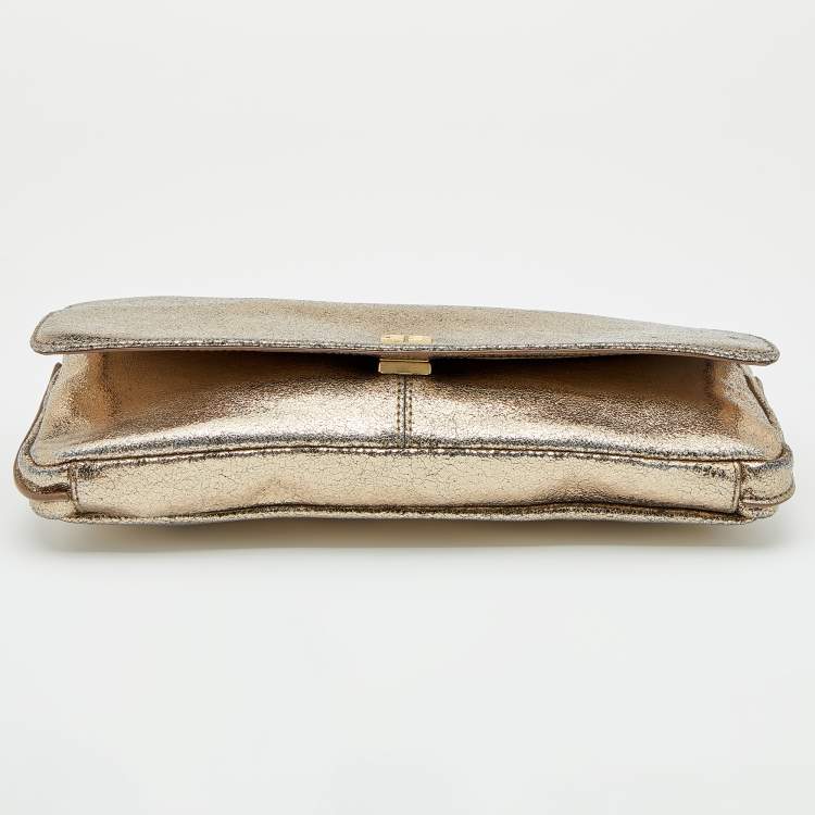 Pre Owned Givenchy Gold Crinkled Leather Cut Out Metal Handle Clutch