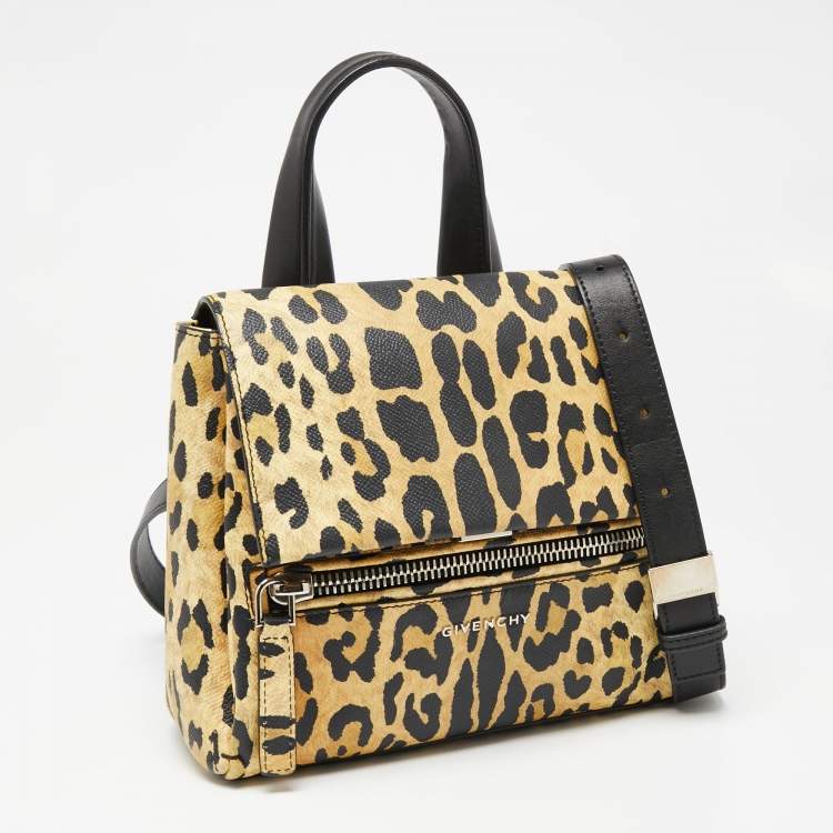 Pre Owned Givenchy Yellow/Black Leopard Print Leather Mini Pandora Pure Top Handle Bag