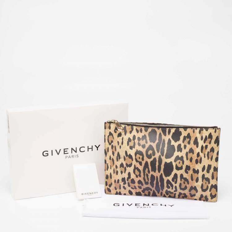 Pre Owned Givenchy Brown/Black Leopard Print Coated Canvas Zip Clutch