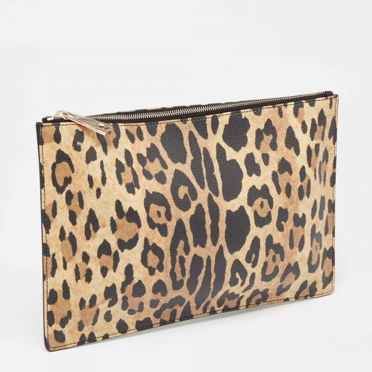 Pre Owned Givenchy Brown/Black Leopard Print Coated Canvas Zip Clutch