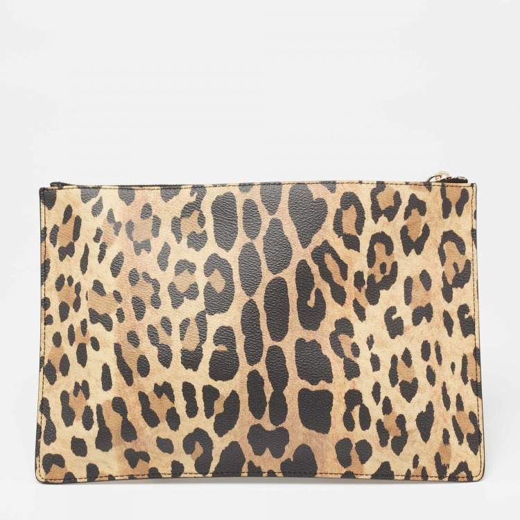 Pre Owned Givenchy Brown/Black Leopard Print Coated Canvas Zip Clutch