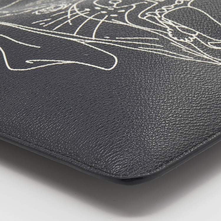 Pre Owned Givenchy Black Rottweiler Line Printed Leather Zip Pouch