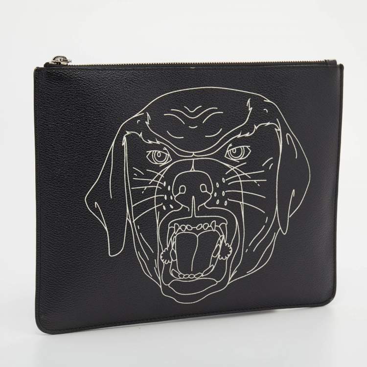 Pre Owned Givenchy Black Rottweiler Line Printed Leather Zip Pouch