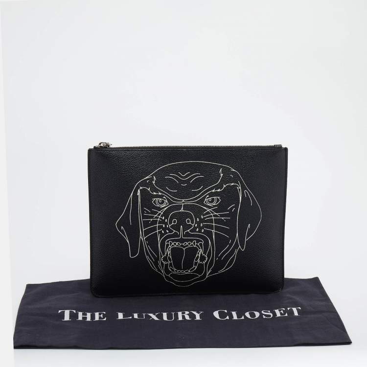 Pre Owned Givenchy Black Rottweiler Line Printed Leather Zip Pouch