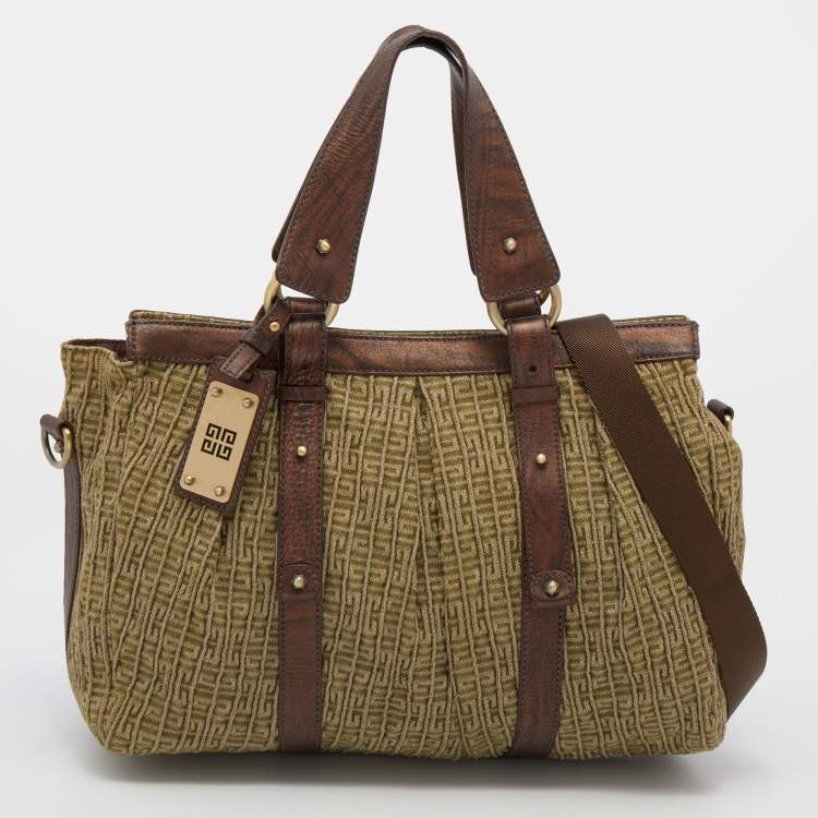 Pre Owned Givenchy Green/Brown Monogram Canvas and Leather Tote