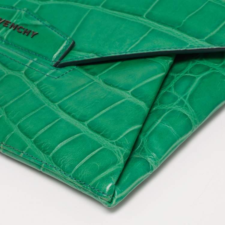 Pre Owned Givenchy Green Croc Embossed Leather Medium Antigona Envelope Clutch