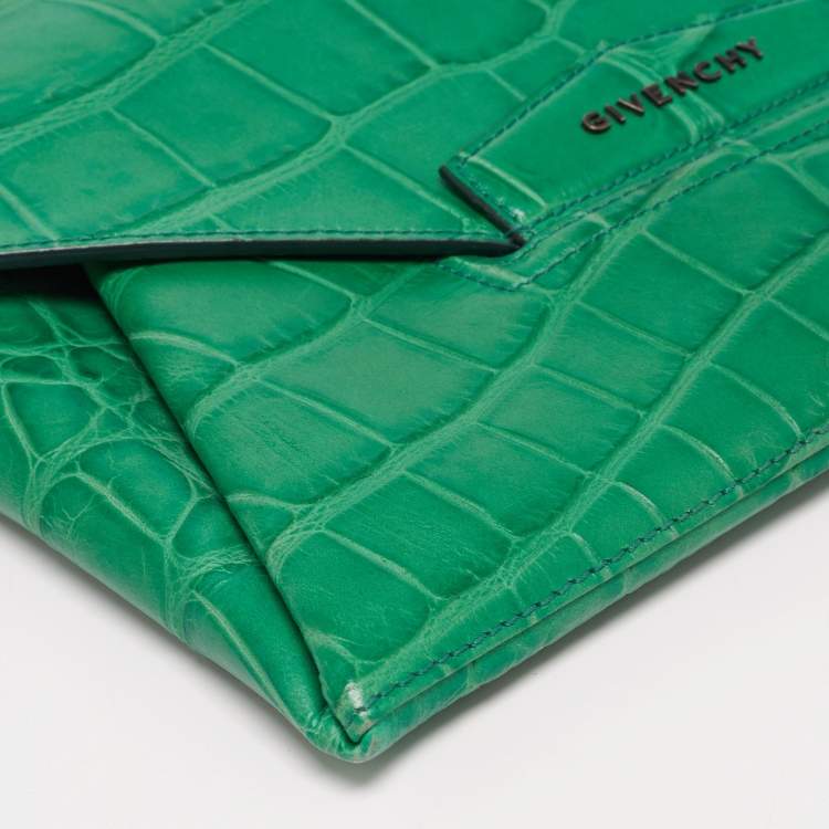 Pre Owned Givenchy Green Croc Embossed Leather Medium Antigona Envelope Clutch
