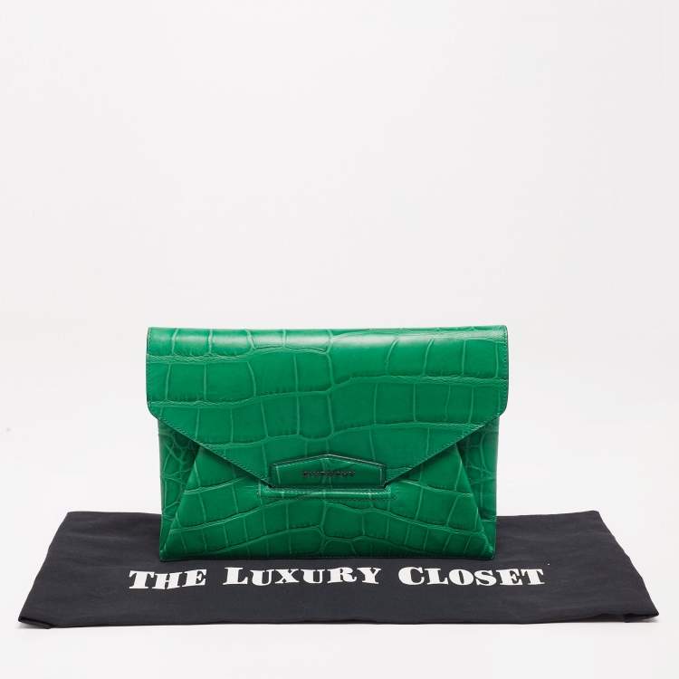 Pre Owned Givenchy Green Croc Embossed Leather Medium Antigona Envelope Clutch