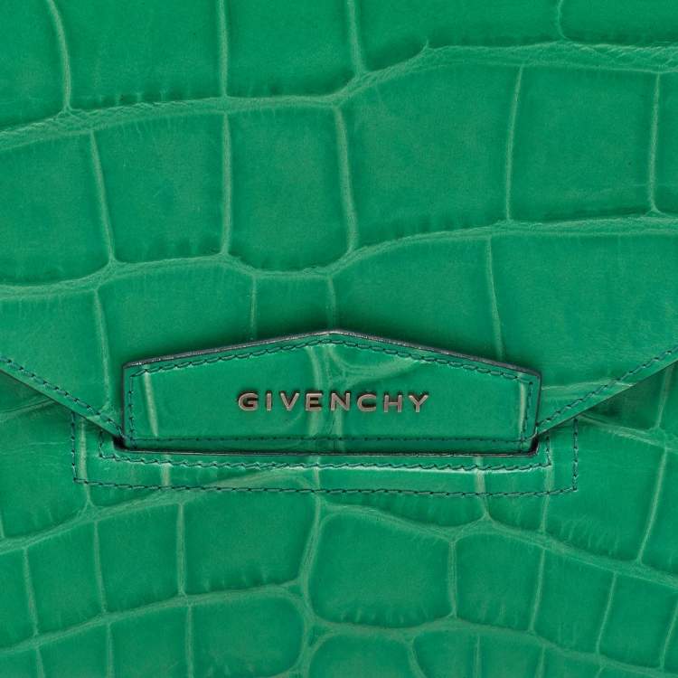 Pre Owned Givenchy Green Croc Embossed Leather Medium Antigona Envelope Clutch
