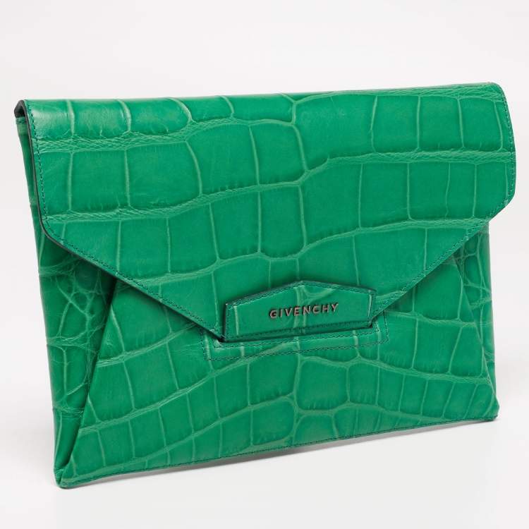 Pre Owned Givenchy Green Croc Embossed Leather Medium Antigona Envelope Clutch
