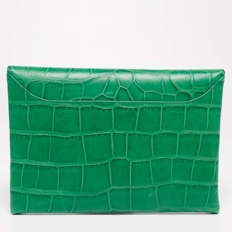 Pre Owned Givenchy Green Croc Embossed Leather Medium Antigona Envelope Clutch